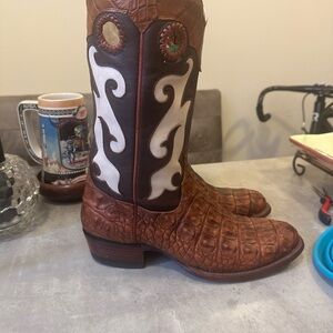 Tecovas Alligator Brown and White Cowboy Boots